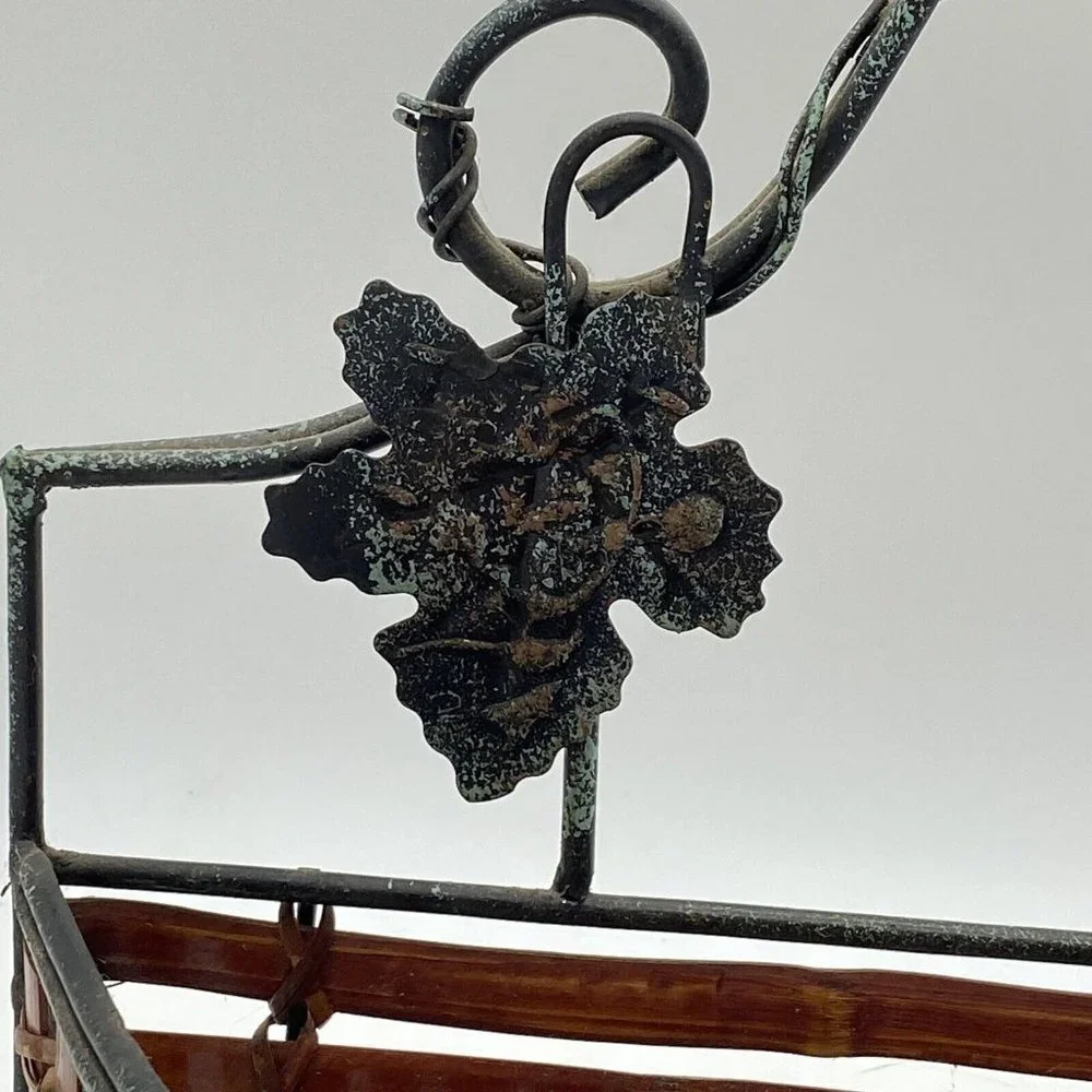 Wall Pocket Basket Semicircle Wood Slat Metal Grape Leaf Scroll French Country‎